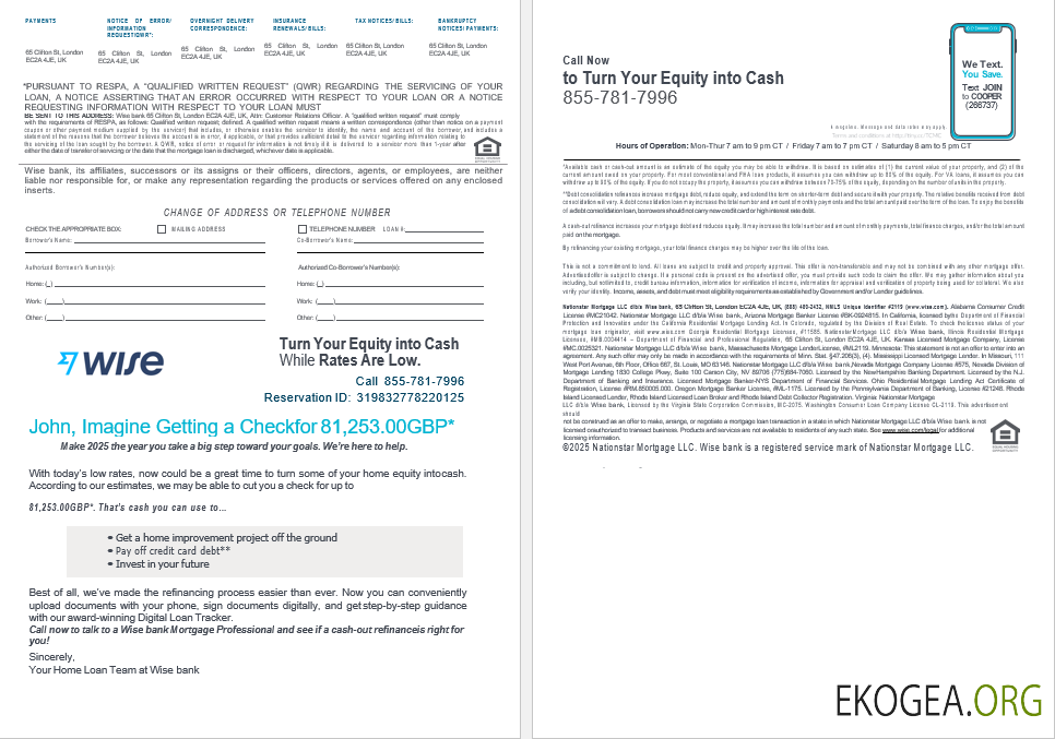 Royaume , Uni Relevé de prêt hypothécaire de la banque Wise aux formats Word et PDF, 4 pages 3, 4